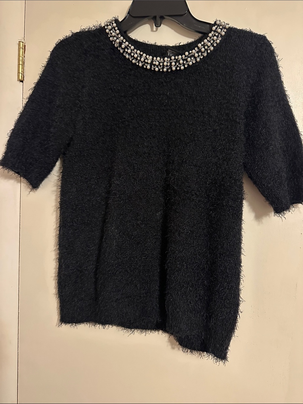 new directions Black Fuzzy Short-Sleeve Sweater with Beaded Neckline